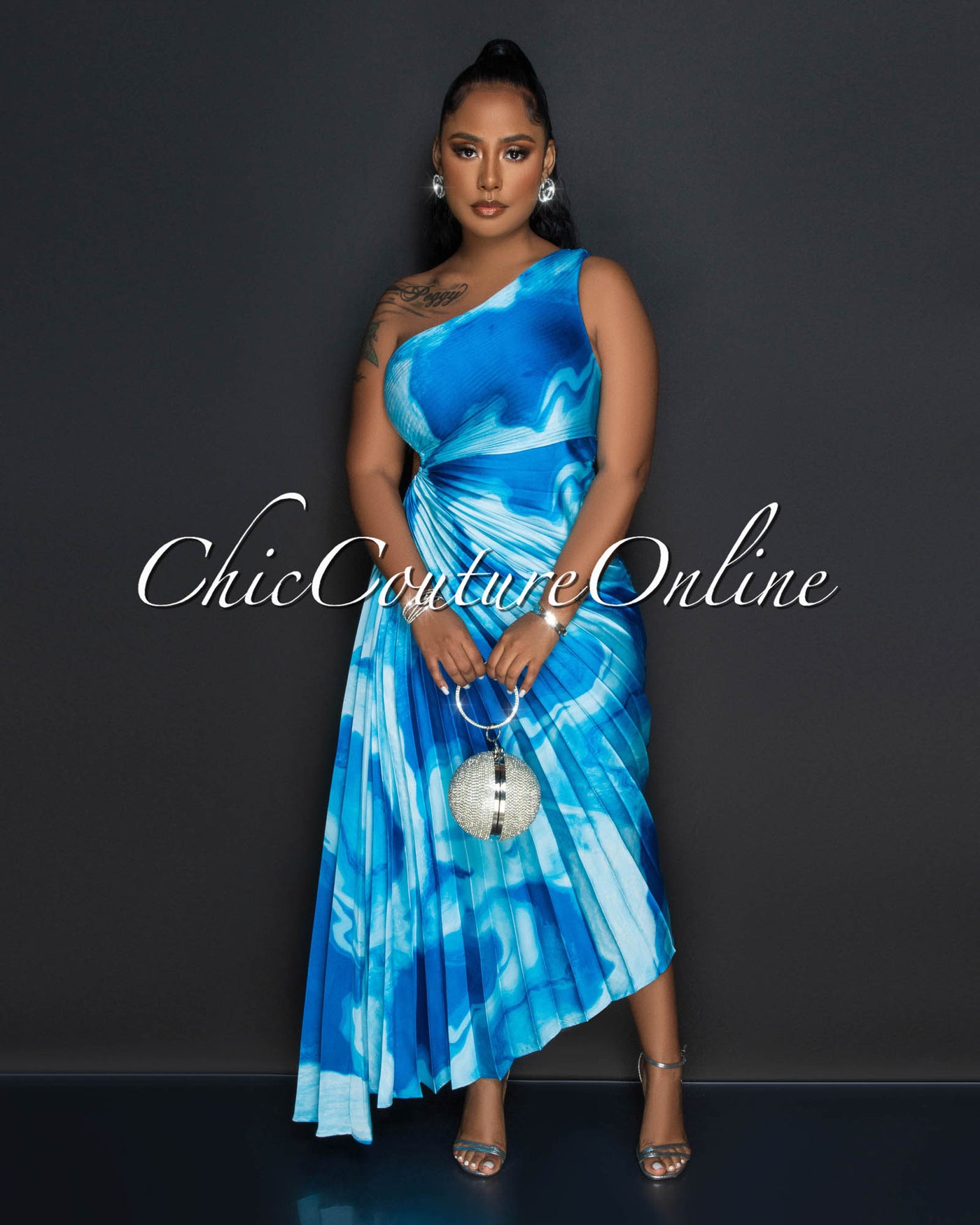 Hilary Blue Print Pleated Single Shoulder Maxi Dress