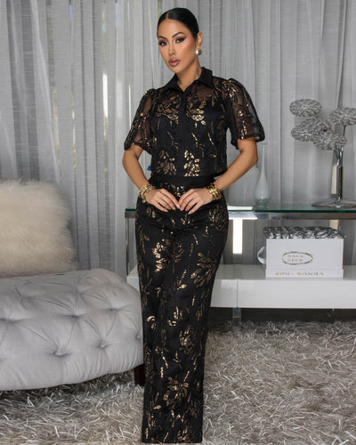 Gilda Black Gold Sequins Accents Mesh Top & Pants Set