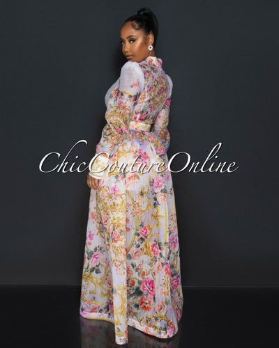 Loa Pink Nude Floral Print Belted Maxi Dress With Shorts