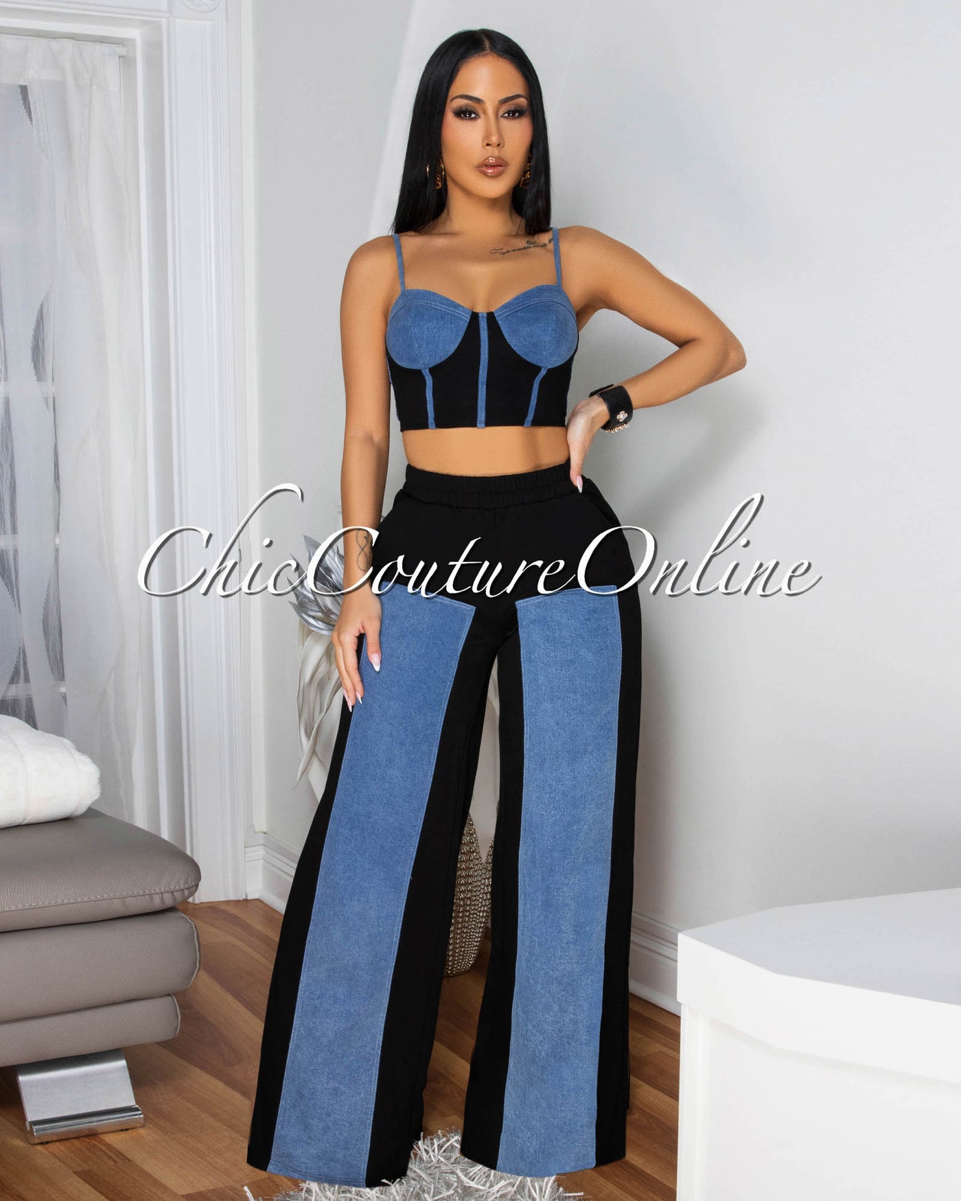 Asher Black Denim Bustier & Wide Legs Pants Set