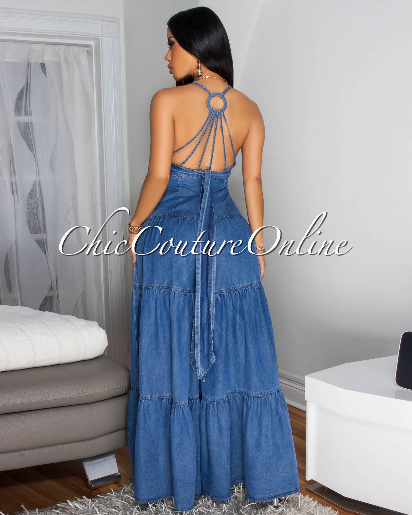 Bernadette Medium Denim Tiered Wide Legs Jumpsuit