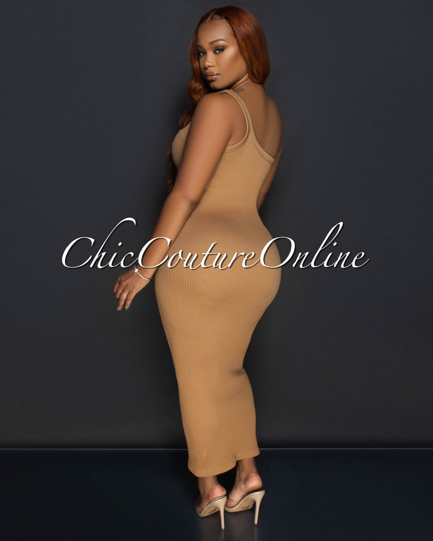 Thia Nude Single Shoulder Ribbed Midi Dress