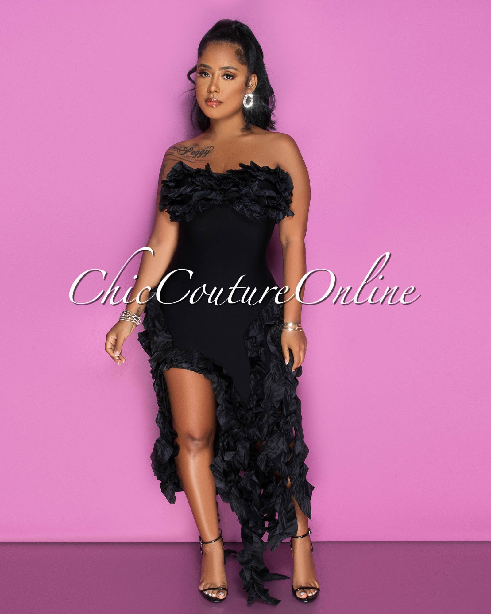 Marta Black Origami Ruffle Accent Bandage Dress