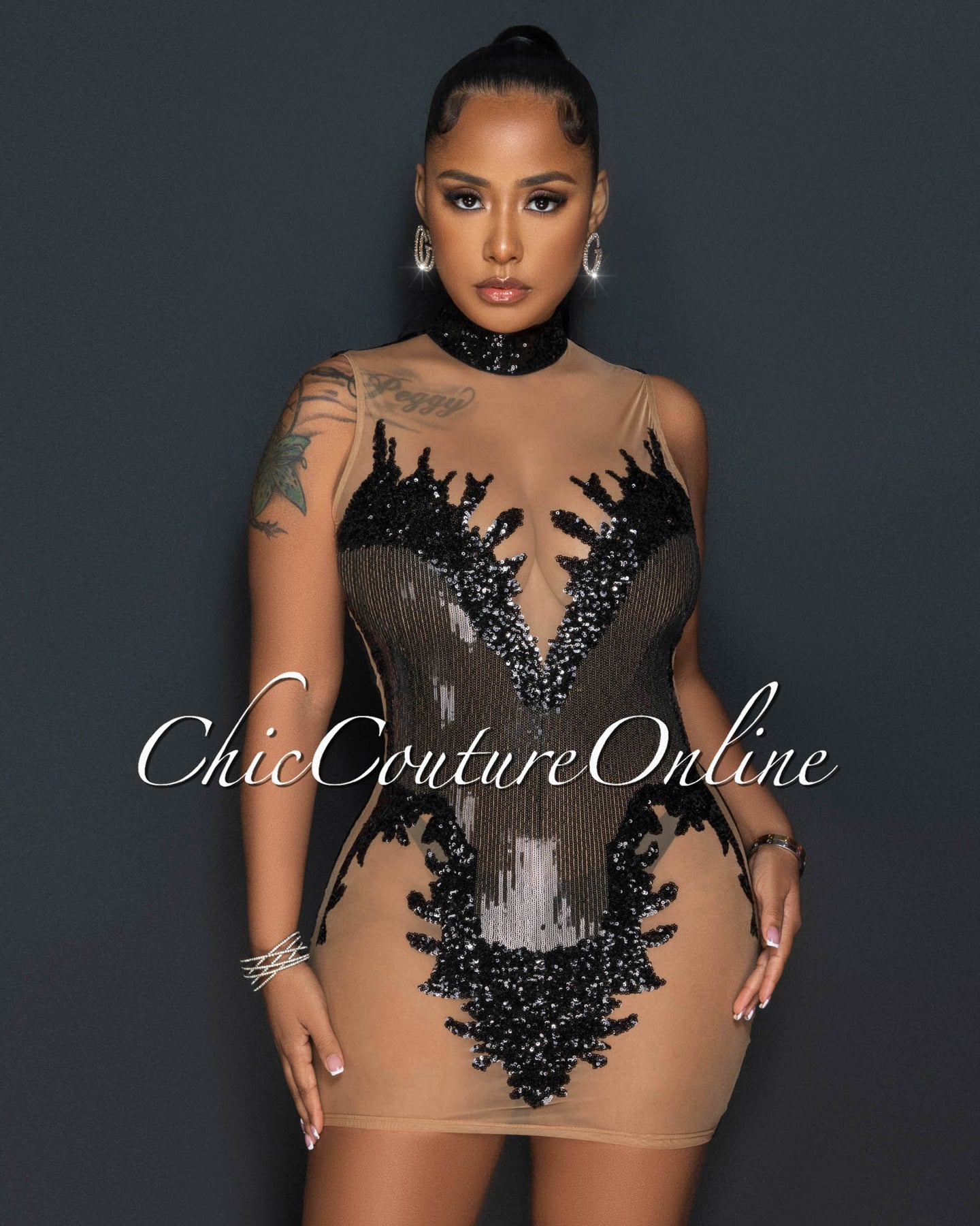 *Meddy Black Nude Mesh Sheer Sequins Mini Dress