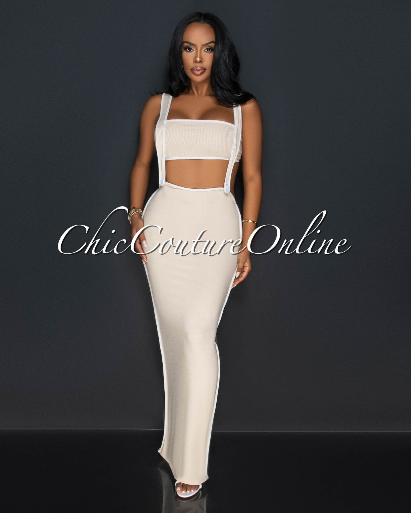 Ola Nude White Tube Crop Top & Overall Skirt Set