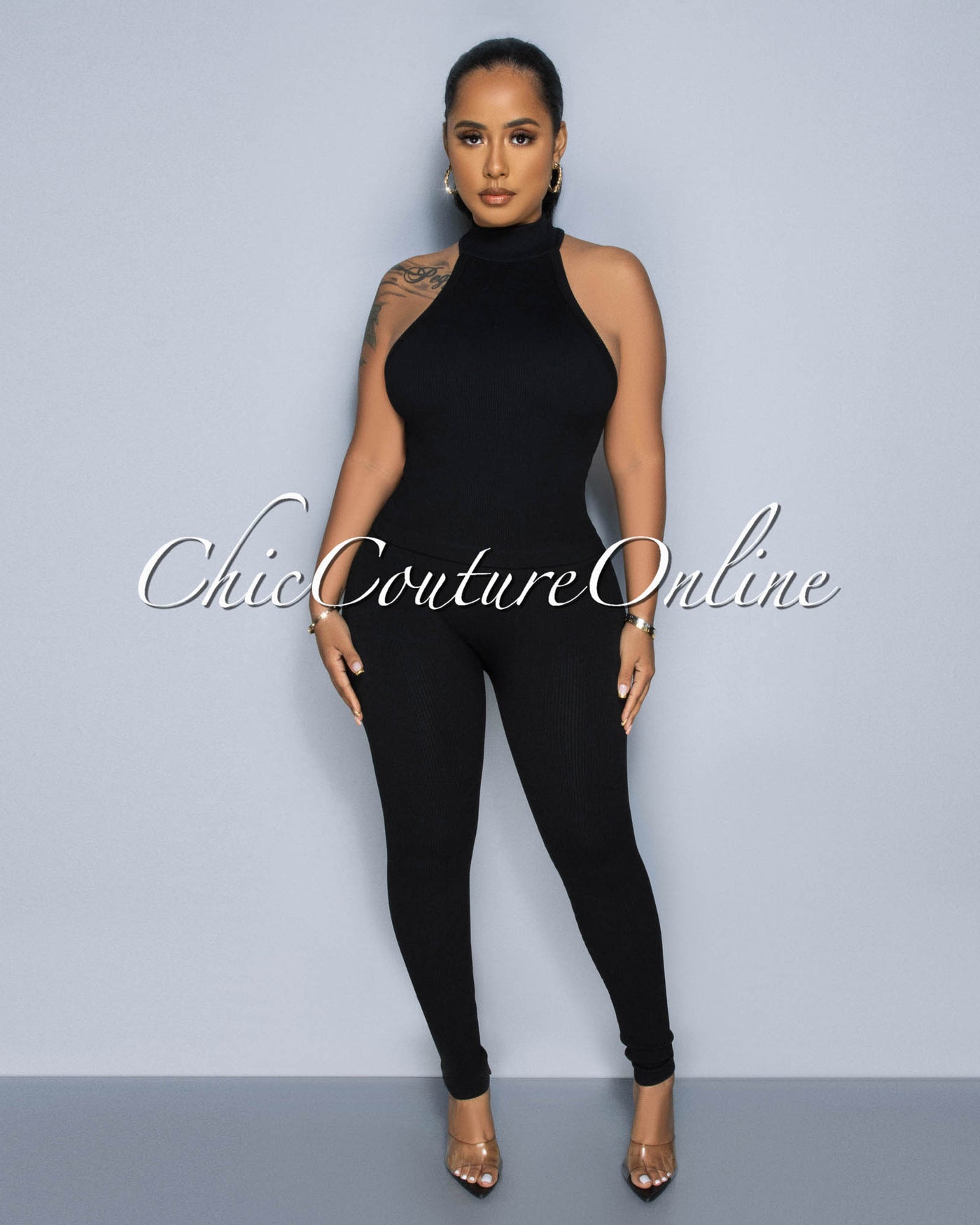 Charnelle Black Mock Top & Leggings Ribbed Sculpting Set