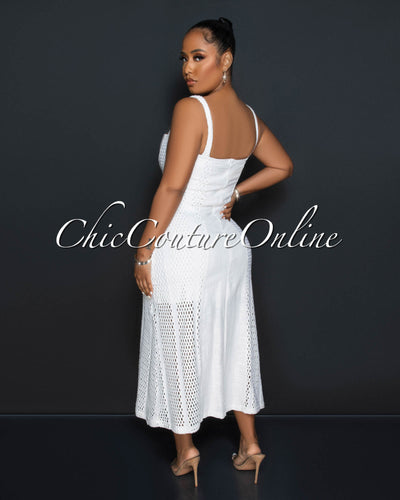 Oralia Off-White Crochet SIdes Midi Dress