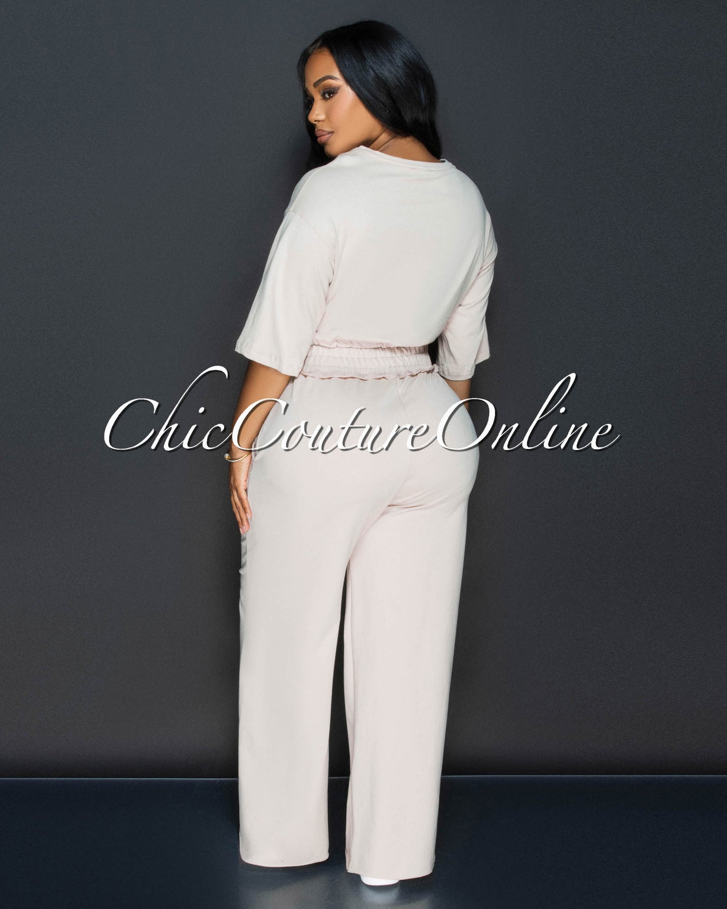 *Clarkie Beige White Crop Top & Pants Set