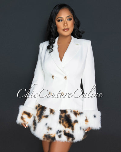 Dosel Off-White Faux Fur Hem Double Trench Dress