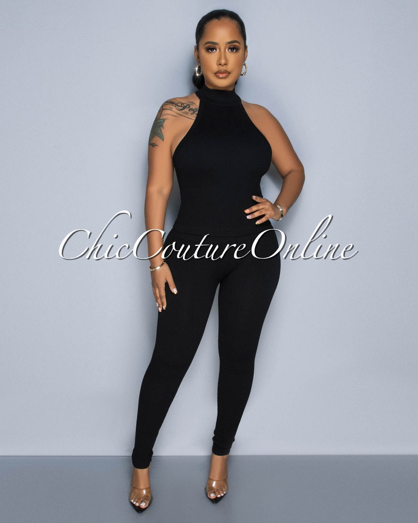 Charnelle Black Mock Top & Leggings Ribbed Sculpting Set