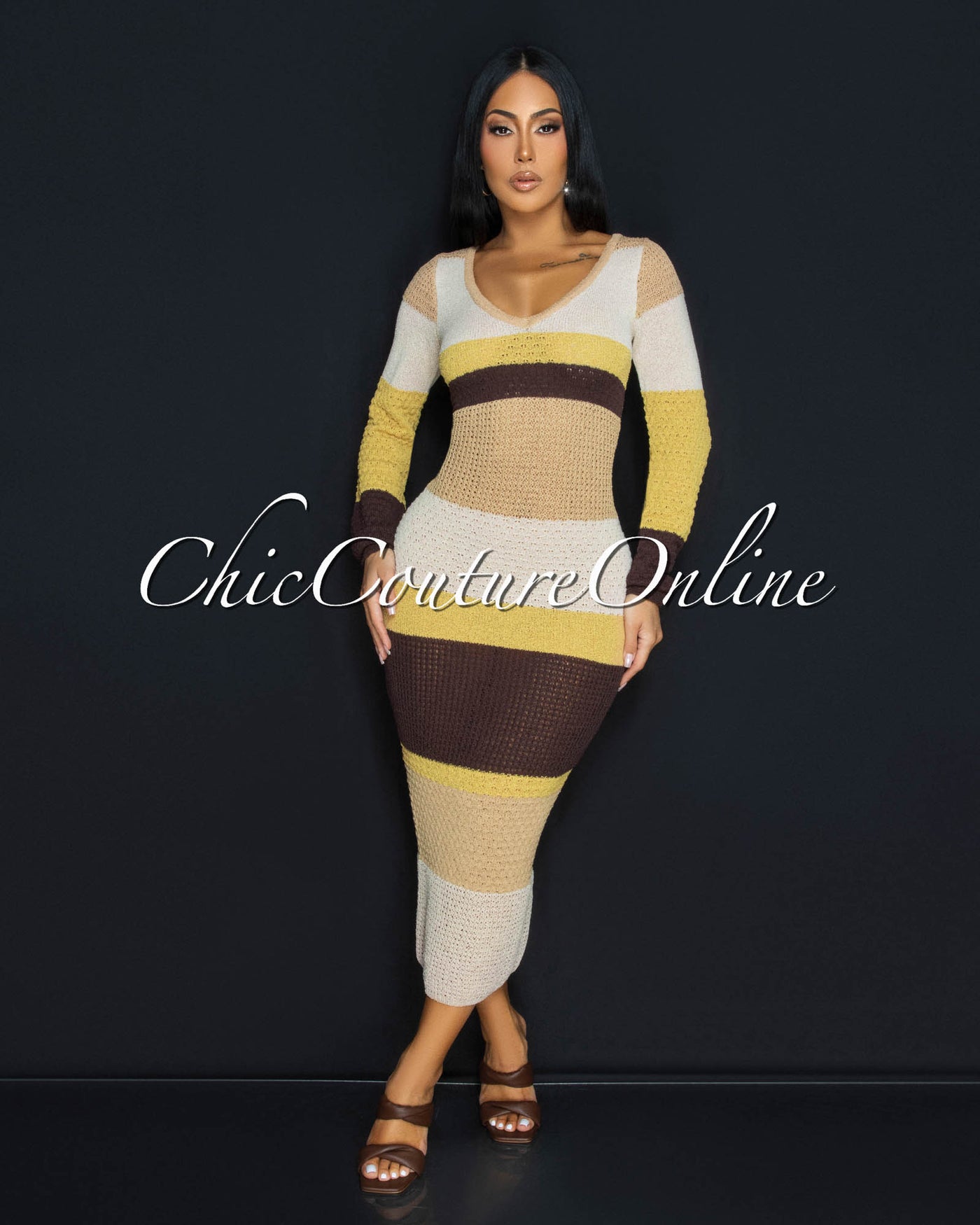 Benjy Yellow Multi-Color Stripes Sweater Dress