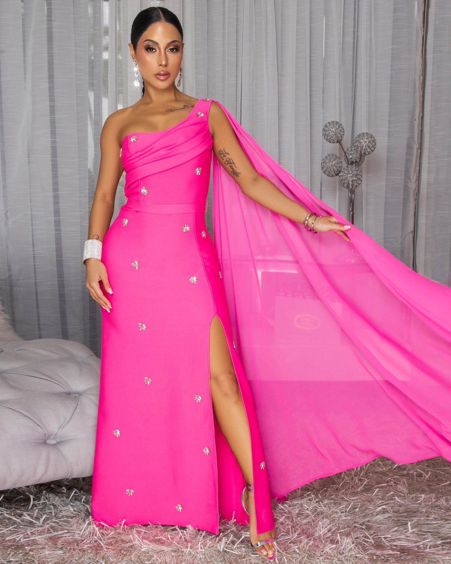 Olandria Hot Pink Rhinestones Accent Train Maxi Dress