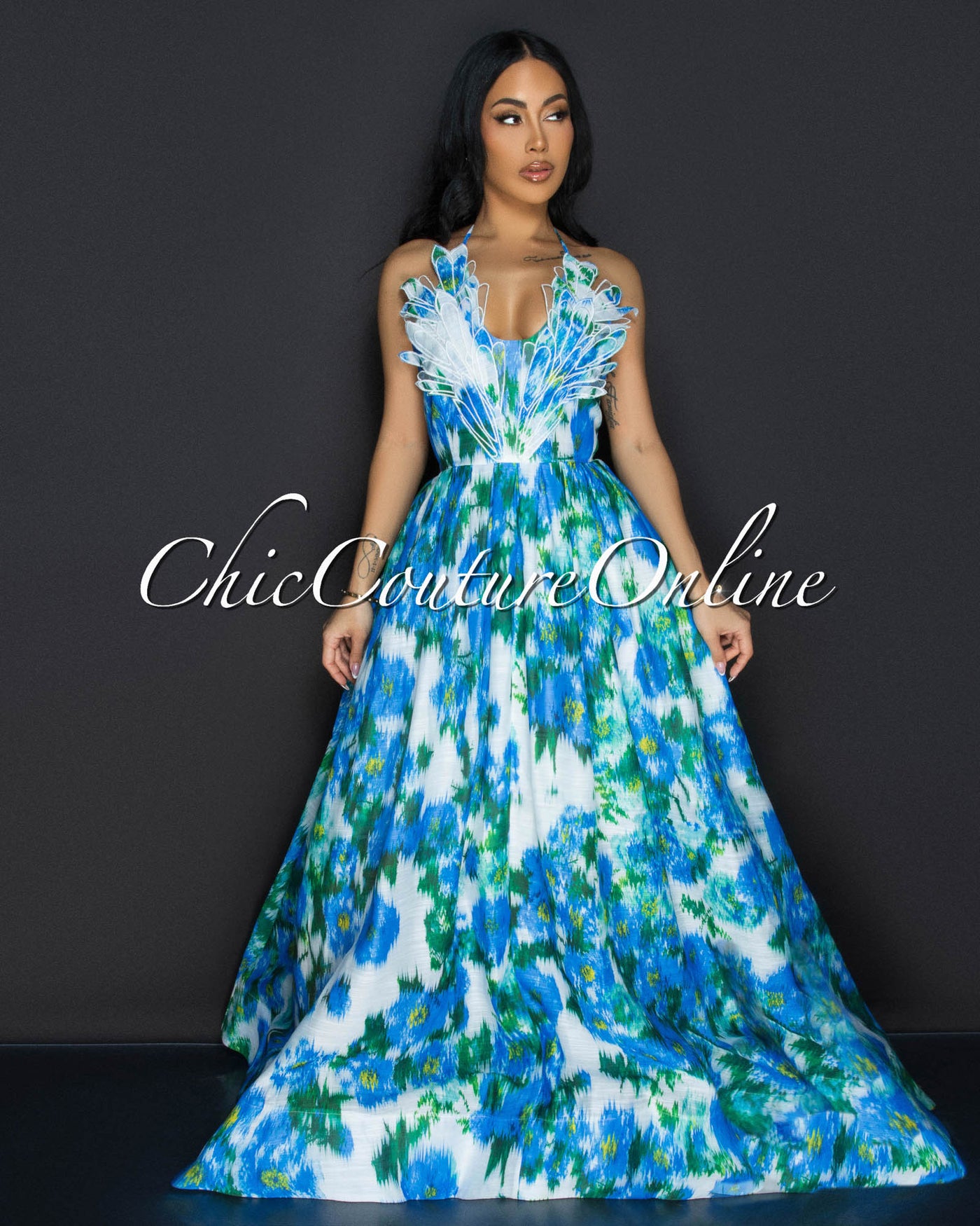 Skyli Blue Green Floral Maxi Dress