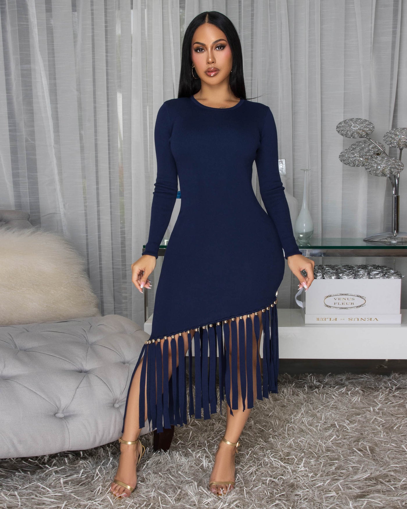 Oualie Navy-Blue Fringe Knit Midi Dress
