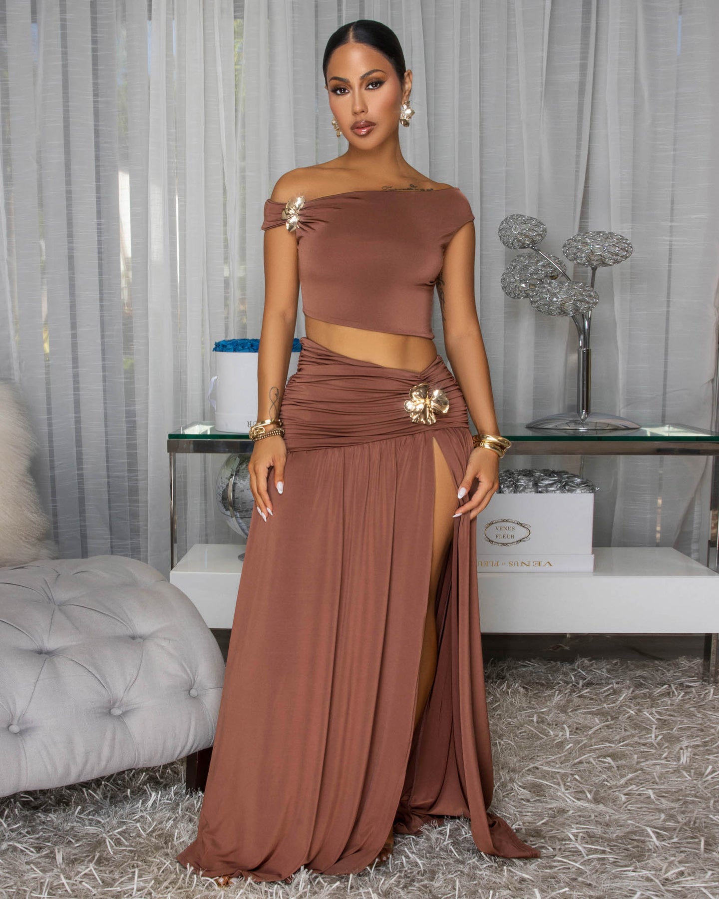 Venezia Mocha Gold Broach Top & Maxi Skirt Set