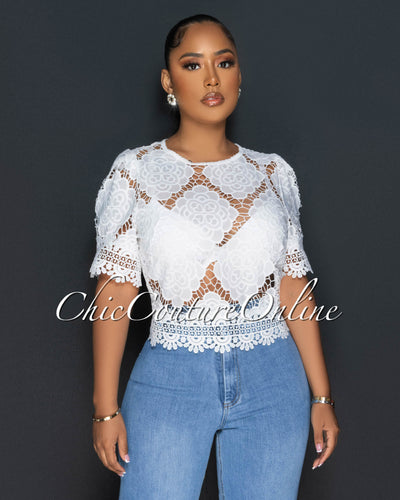 Indore Off-White Crochet Eyelet Crop Top