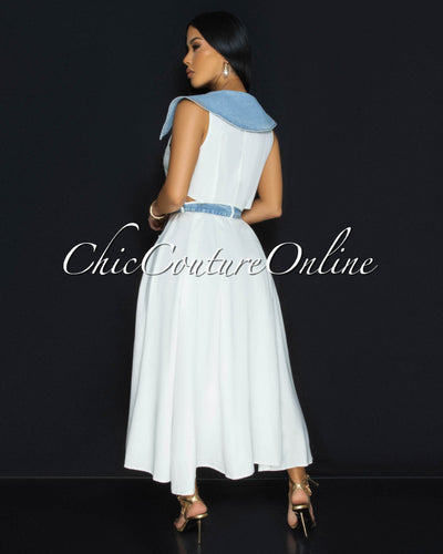 Sidora White Blue Denim Trim Gold Buttons Midi Dress