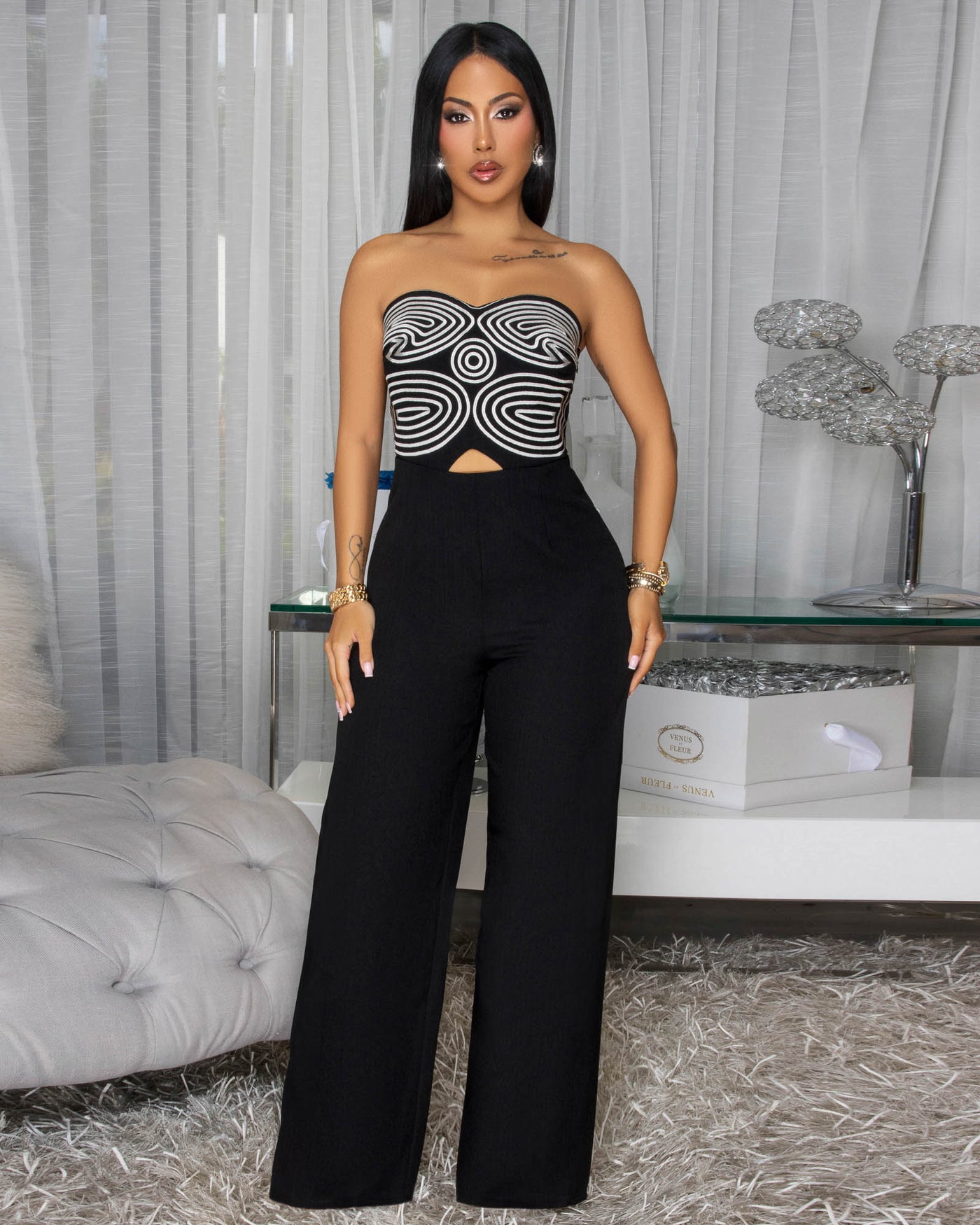 Novella Black Cream Embroidery Strapless Linen Jumpsuit