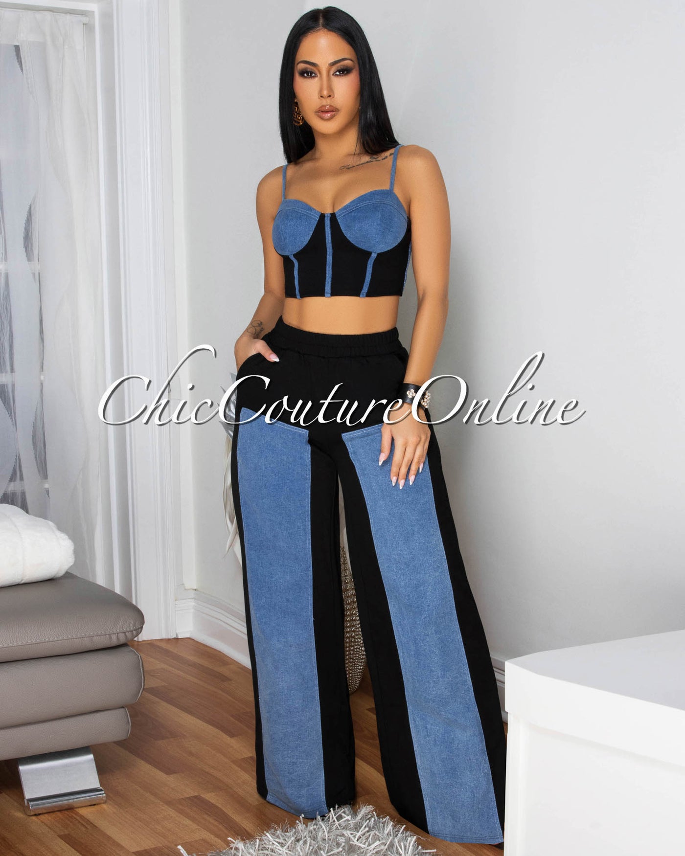 Asher Black Denim Bustier & Wide Legs Pants Set