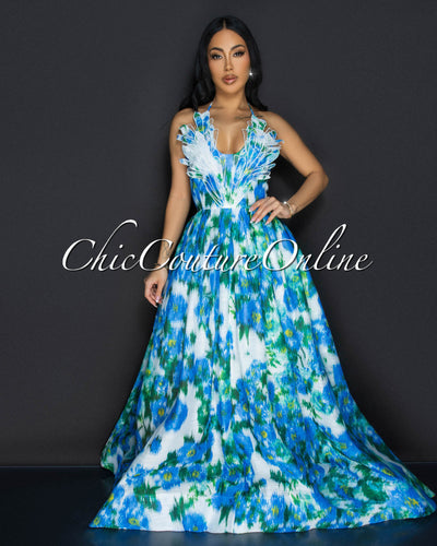 Skyli Blue Green Floral Maxi Dress