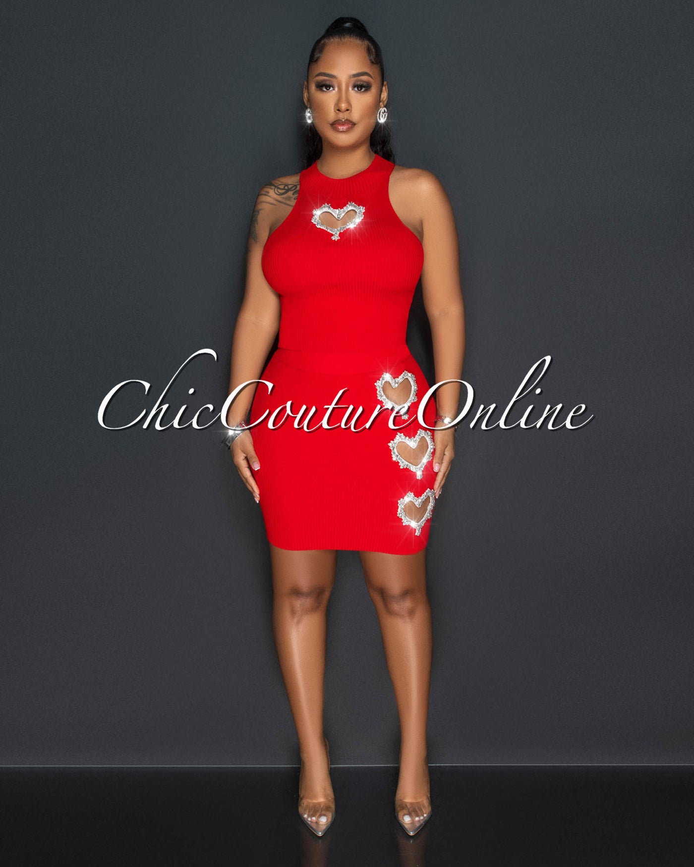 Theia Red Rhinestone Hearts Knit Skirt Set