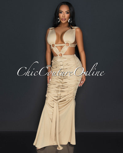 Monika Nude Draped Cut-Out Maxi Dress