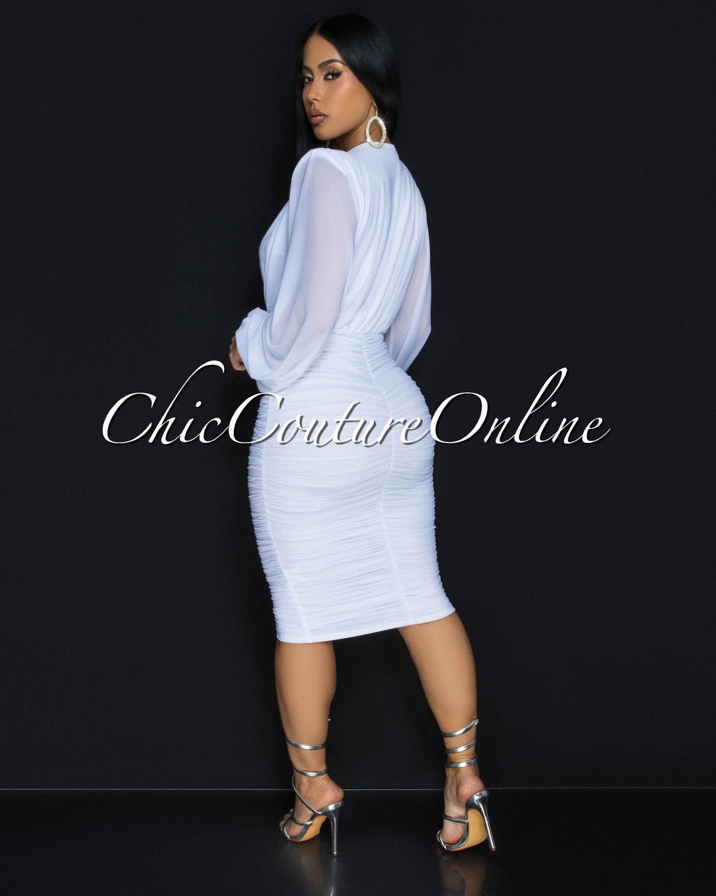 Vanica White Mesh Overlay Plunging V-Neck Midi Dress