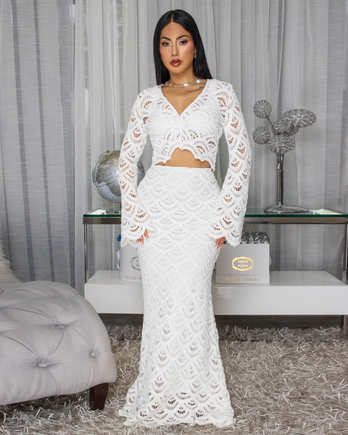 Elona Cream 3 Piece Crochet Skirt Set
