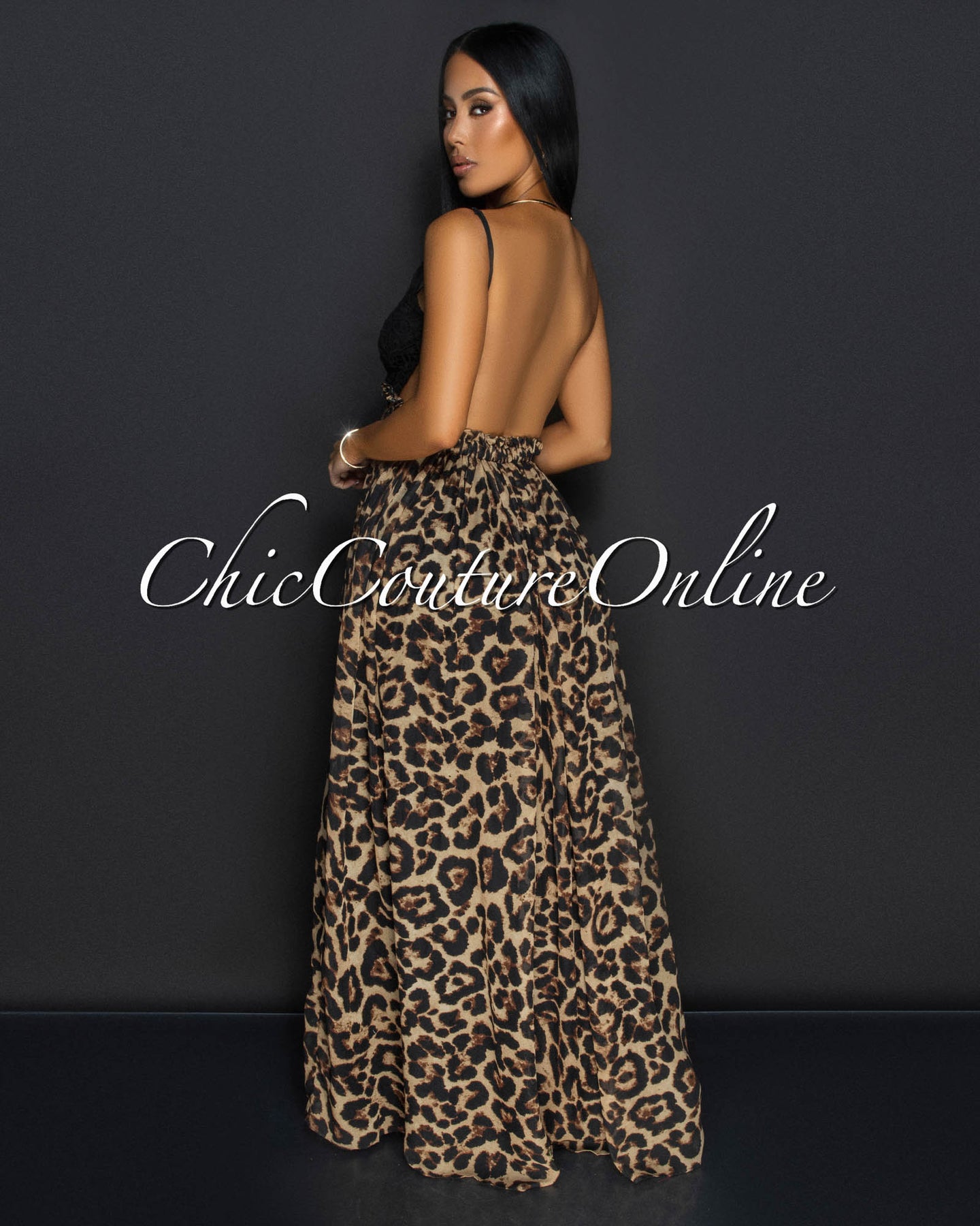 Corena Leopard Black Lace Open Back Maxi Dress
