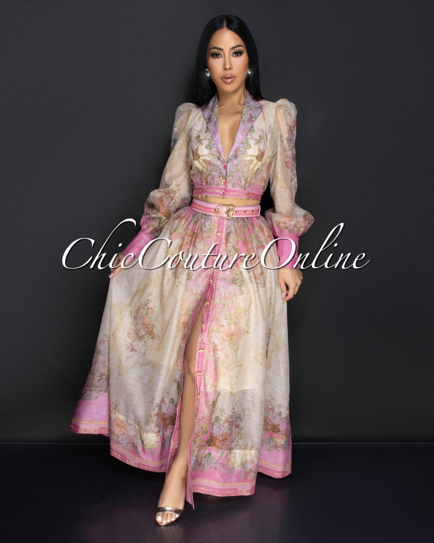 Mimu Pink Nude Floral Blouse & Belted Long Skirt Set