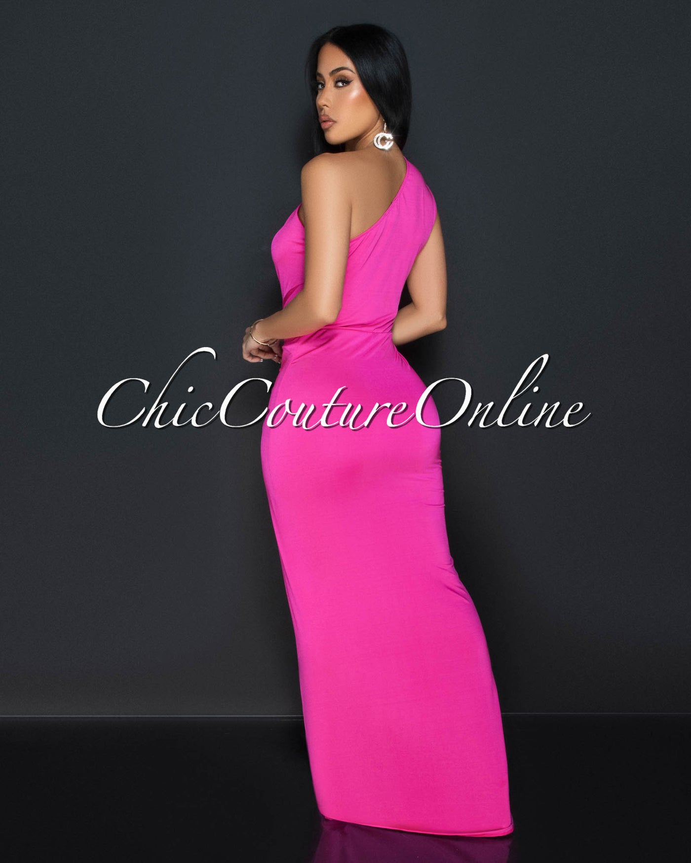 Zima Hot Pink Single Shoulder Twist Maxi Dress