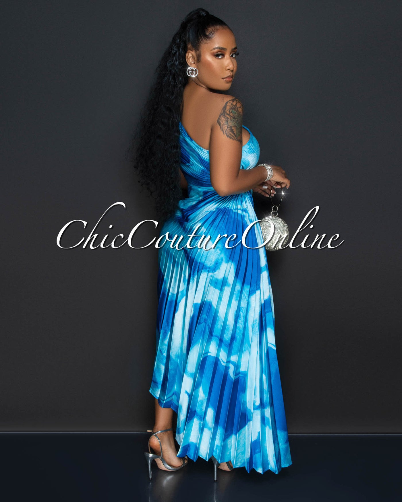 Hilary Blue Print Pleated Single Shoulder Maxi Dress