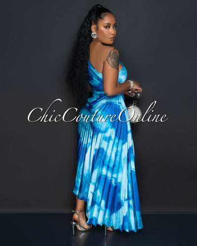 Hilary Blue Print Pleated Single Shoulder Maxi Dress