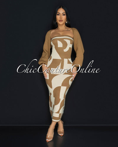 Valaya Nude Mocha Knit Midi Dress