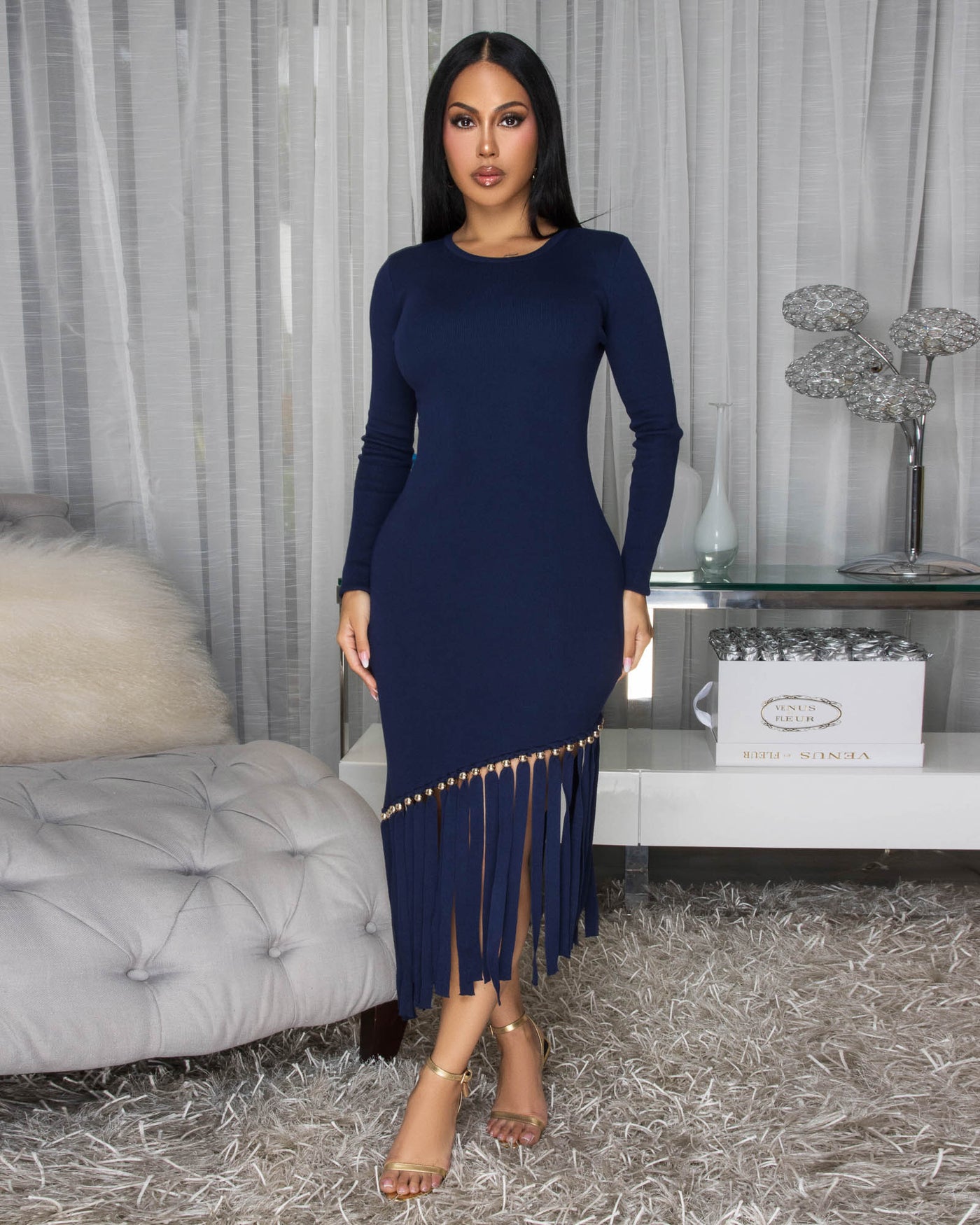Oualie Navy-Blue Fringe Knit Midi Dress