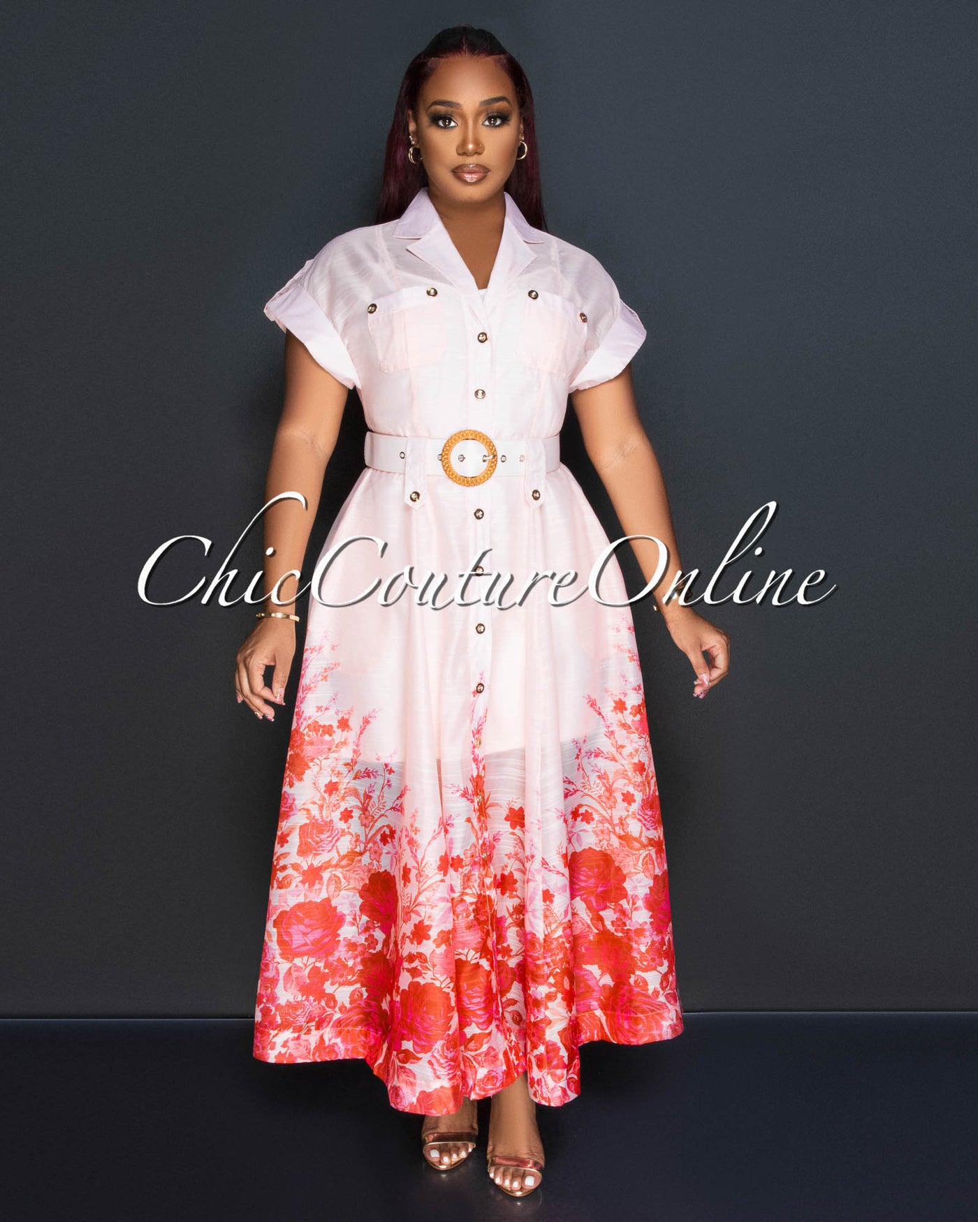 Zaria Salmon Floral Print Gold Buttons Belted Maxi Dress