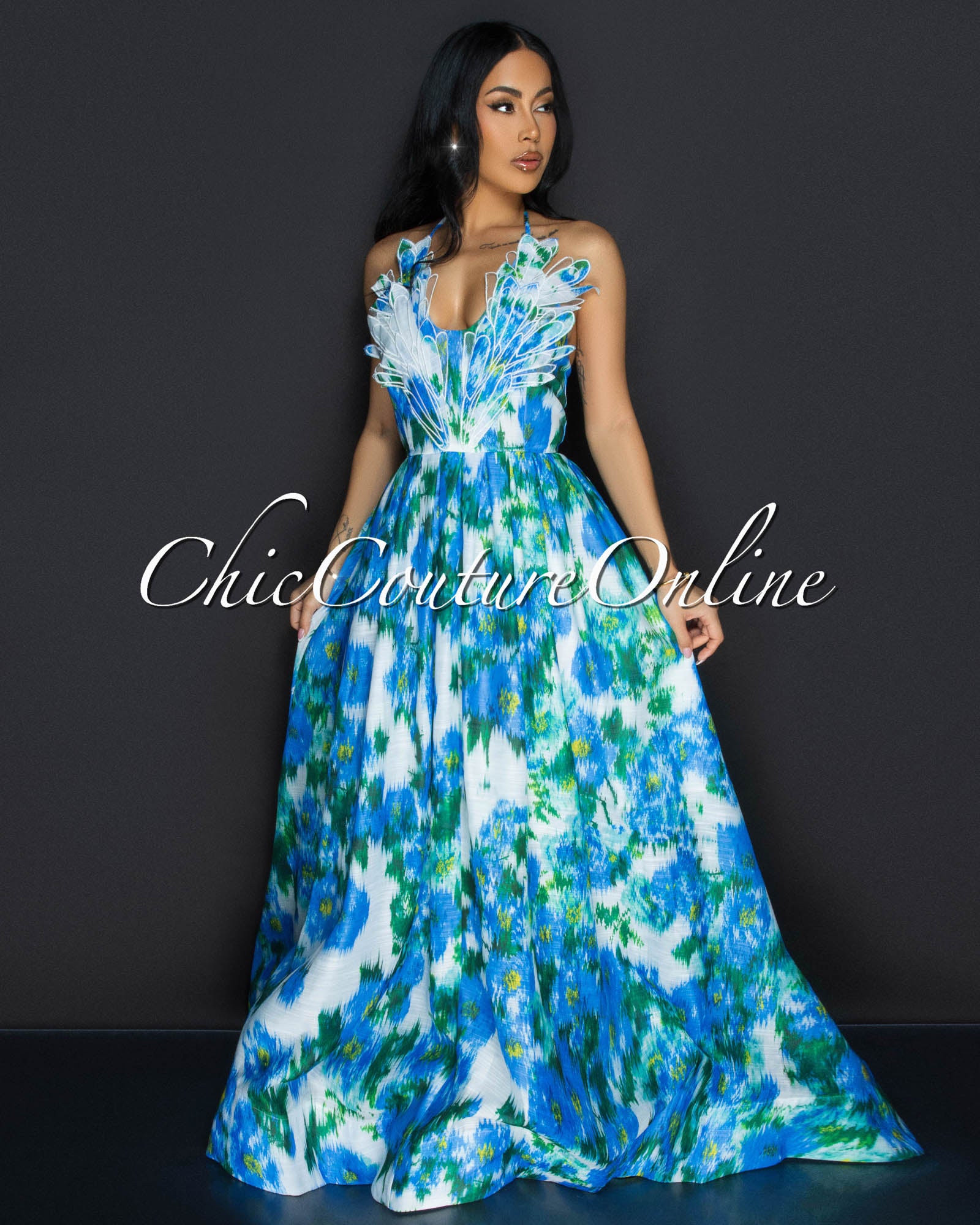 Skyli Blue Green Floral Maxi Dress