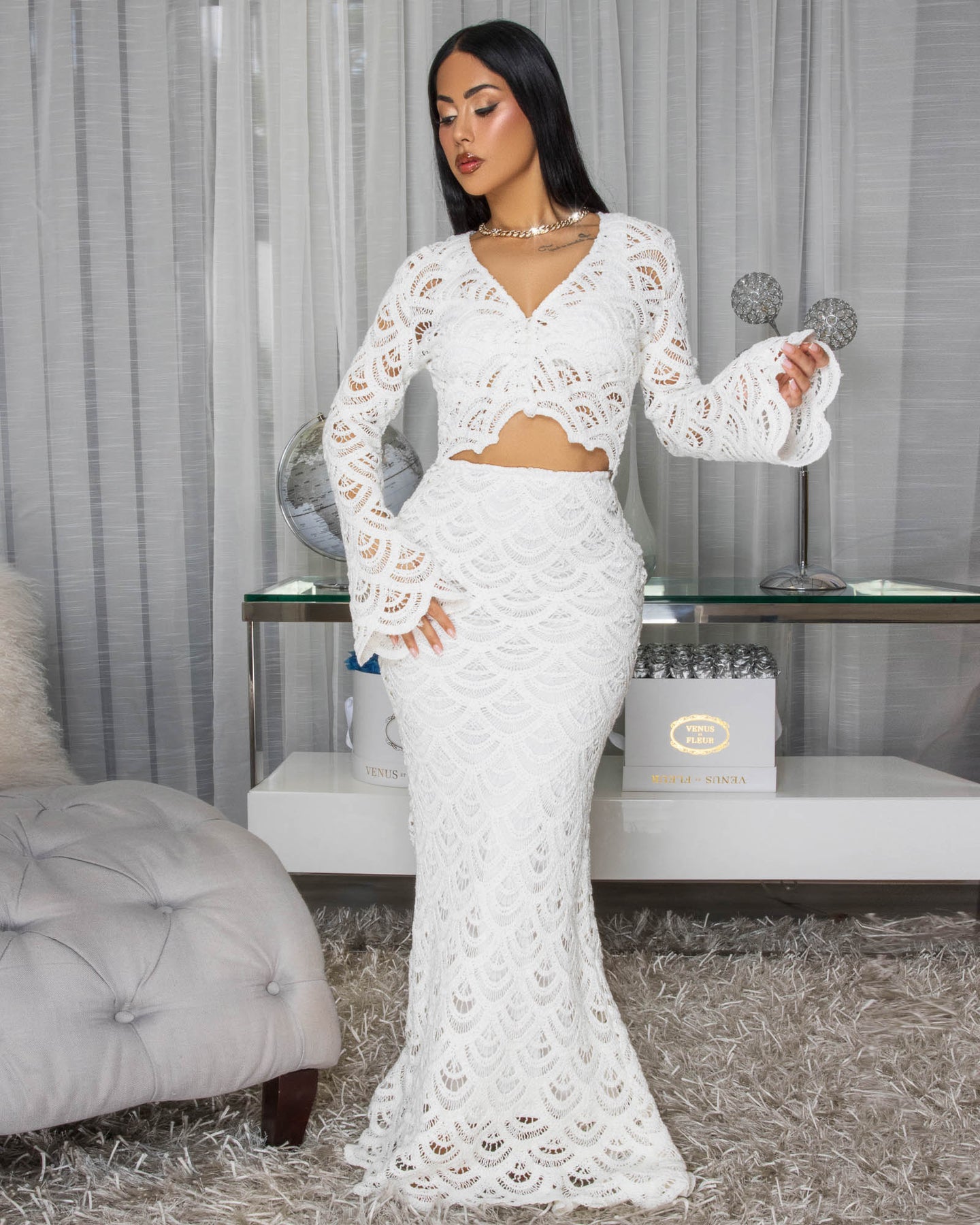 Elona Cream 3 Piece Crochet Skirt Set
