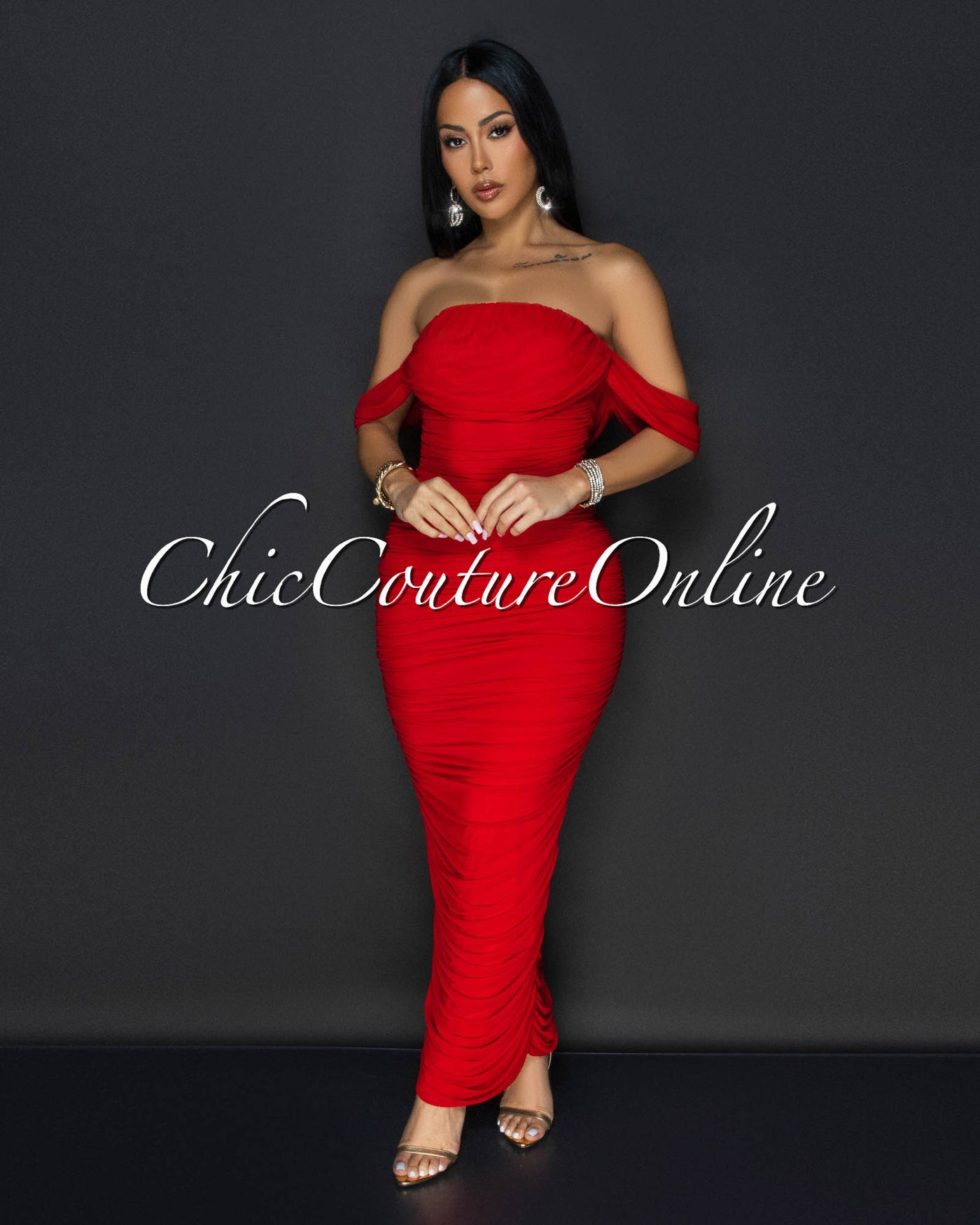 Vella Red Mesh Overlay Ruched Off-The Shoulder Dress