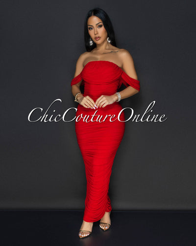 Vella Red Mesh Overlay Ruched Off-The Shoulder Dress