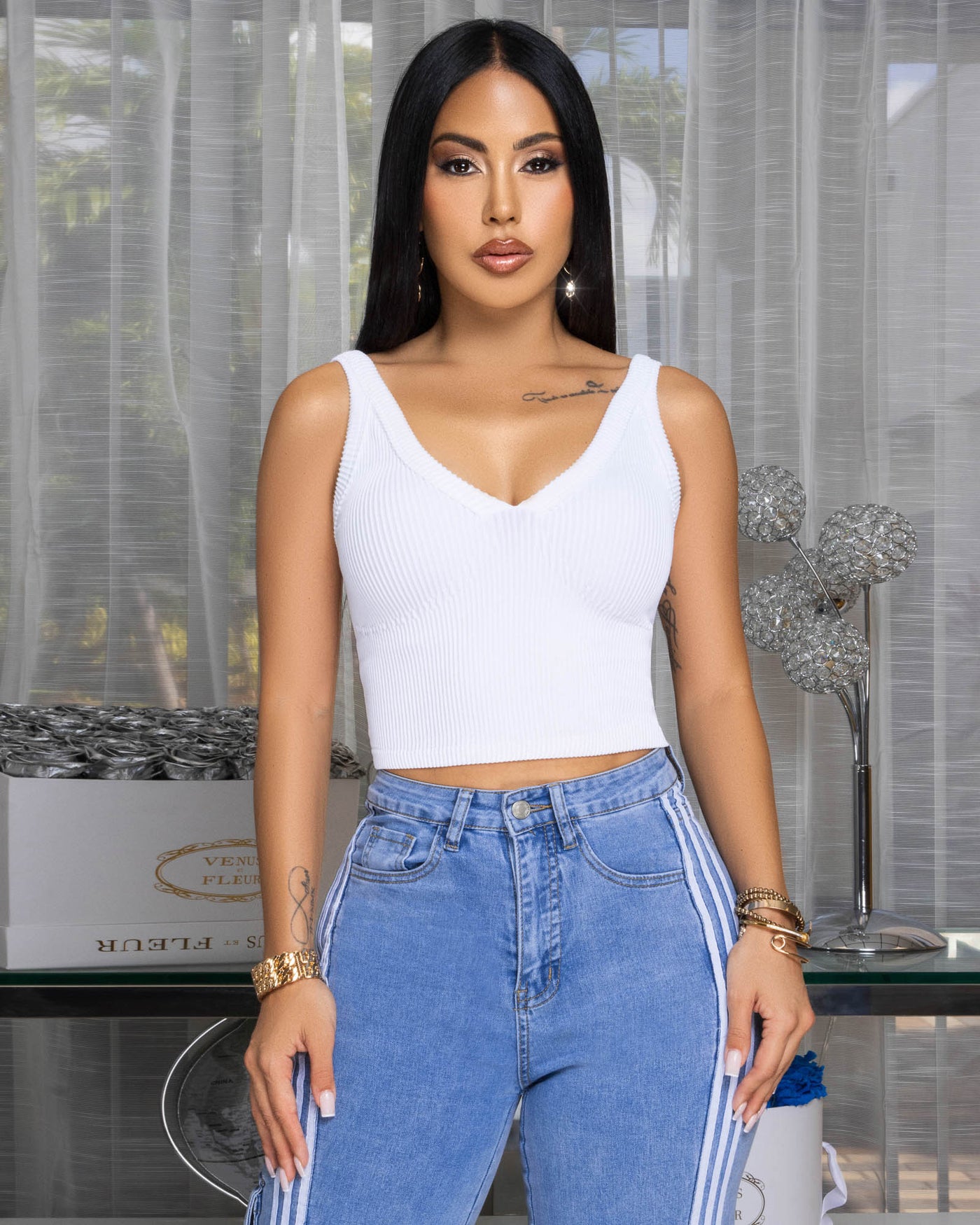 Lorane White V Neck Ribbed Top