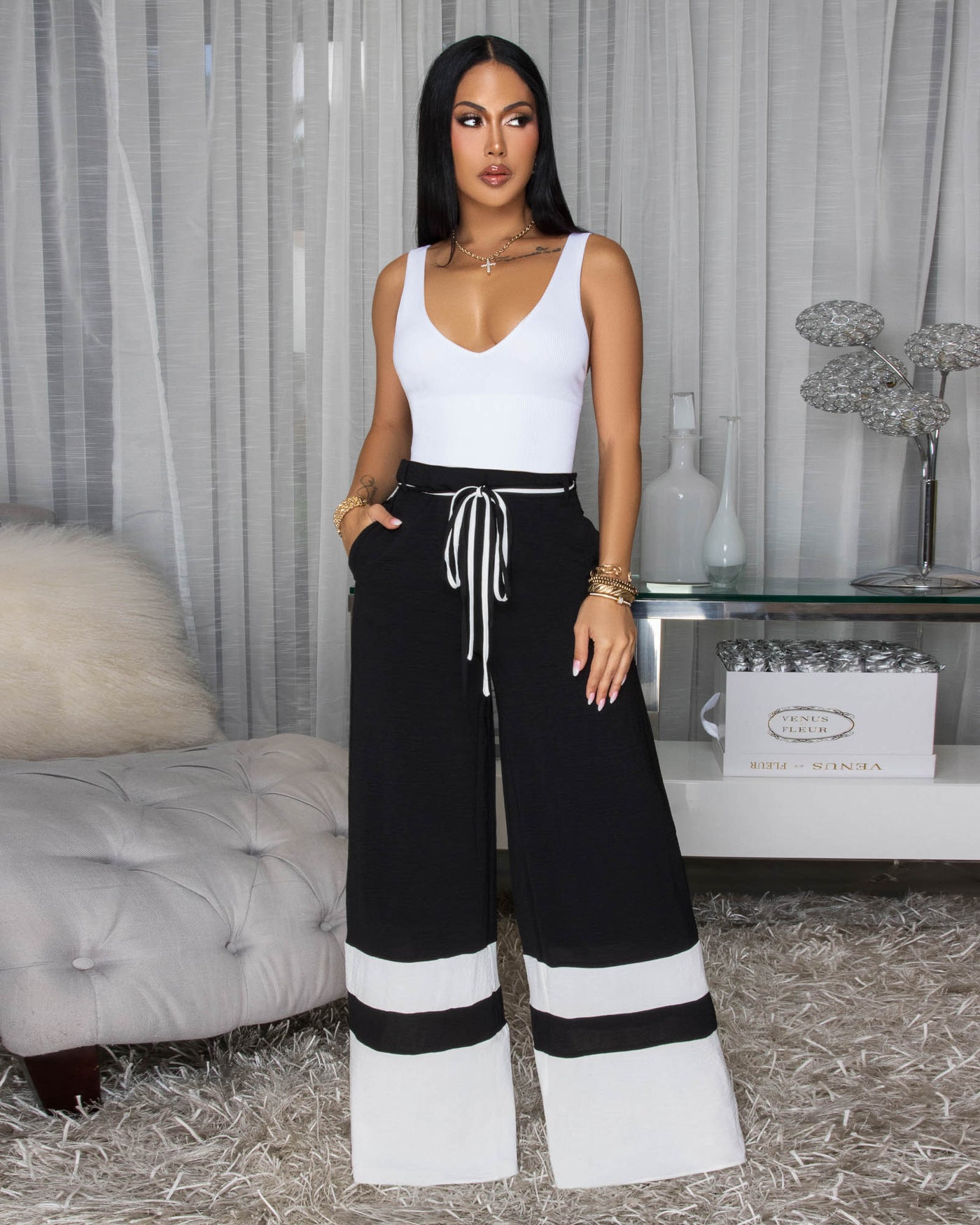 Teagan Black White Trim Silky Pants