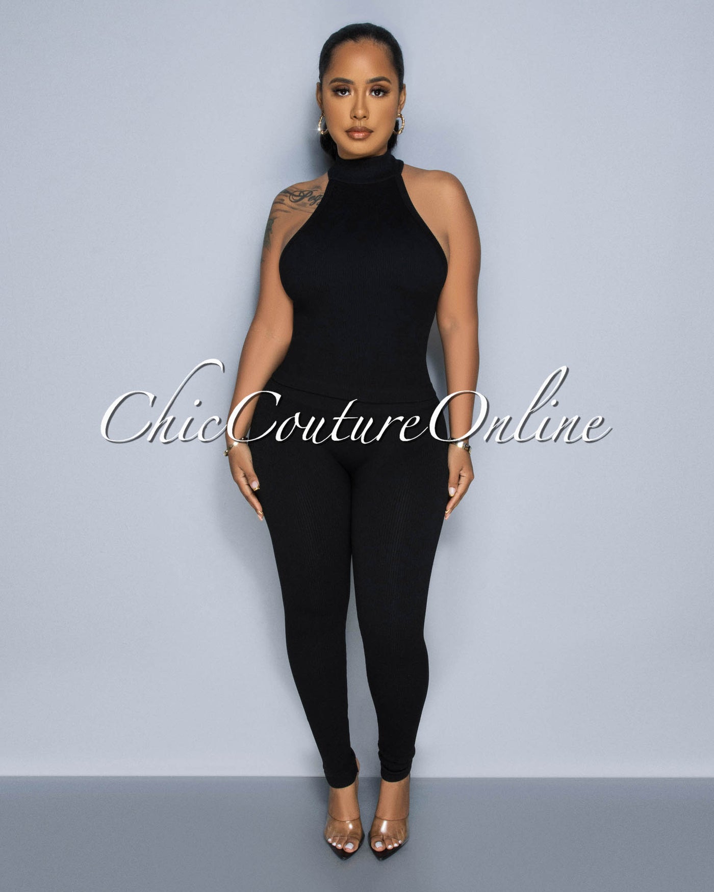 Charnelle Black Mock Top & Leggings Ribbed Sculpting Set