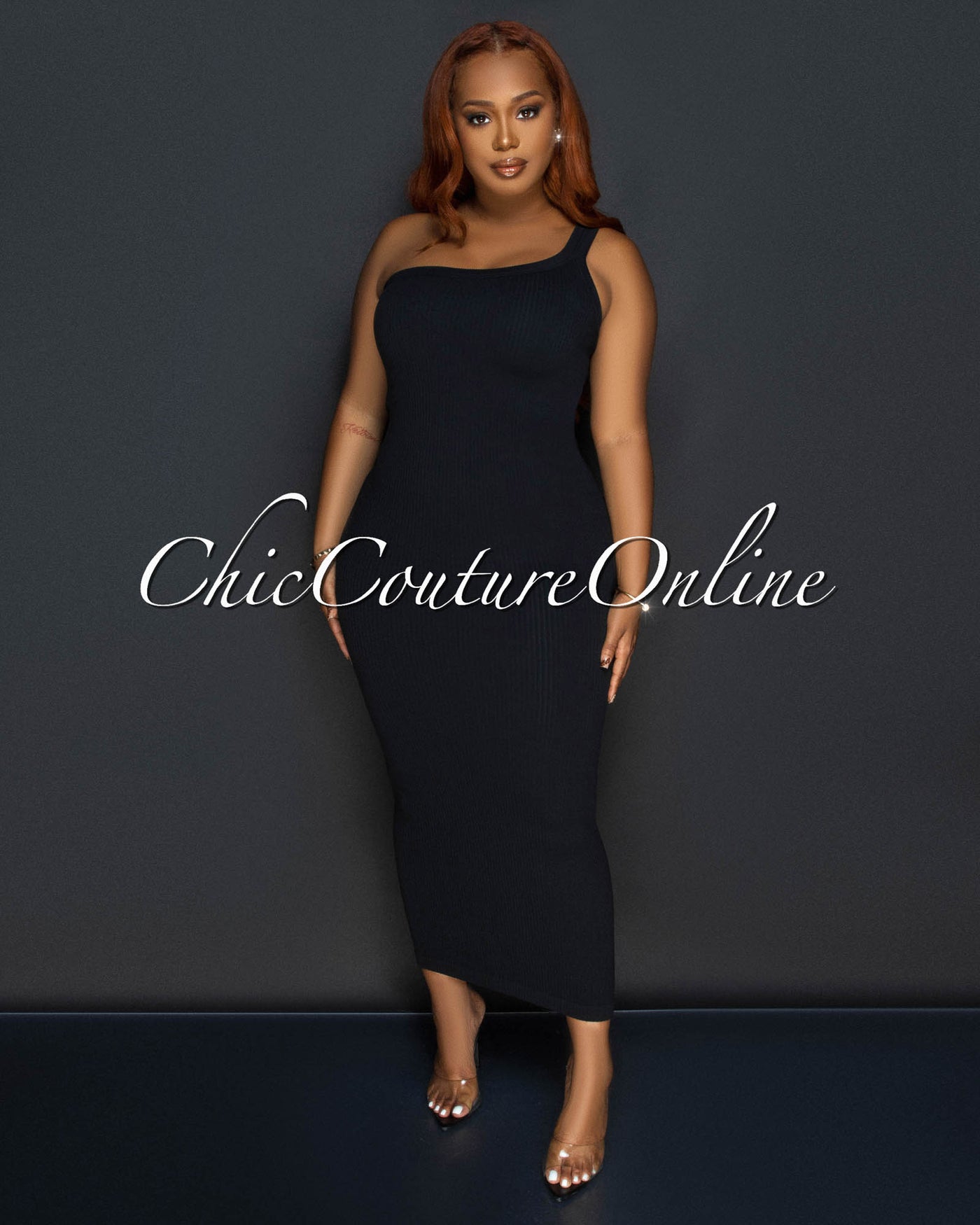 Thia Black Single Shoulder Ribbed Midi Dress