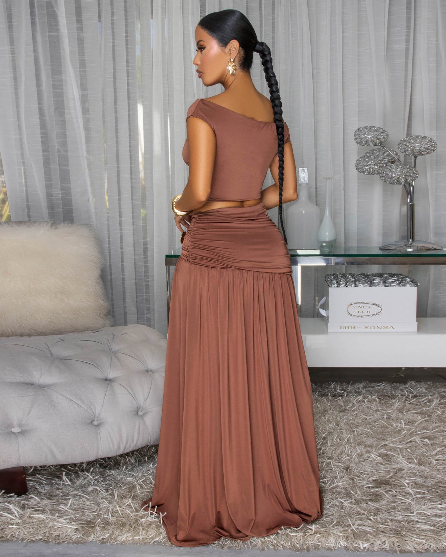 Venezia Mocha Gold Broach Top & Maxi Skirt Set