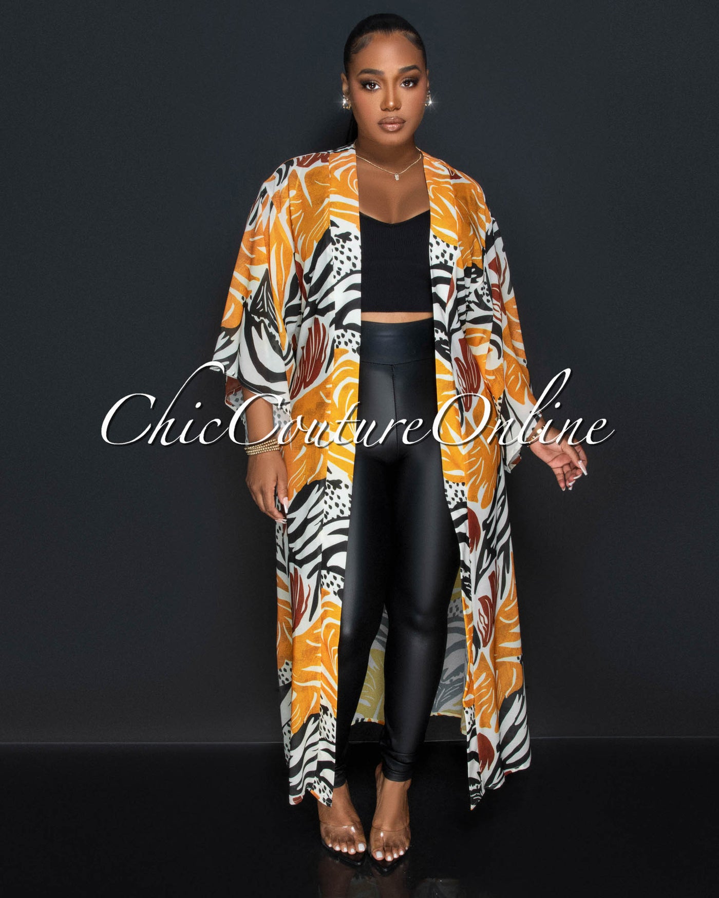 Iliza Orange Black Leaf Print Kimono & Wide Pants Set (5/28)