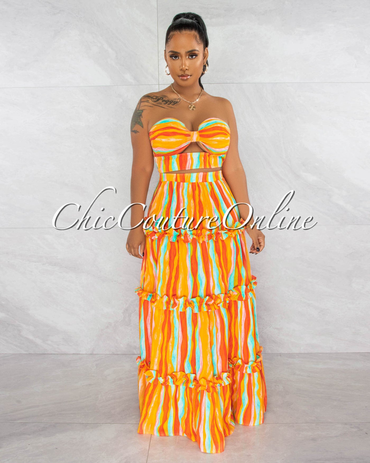 *Ruhl Orange Print Crop Top & Ruffle Maxi Skirt Set