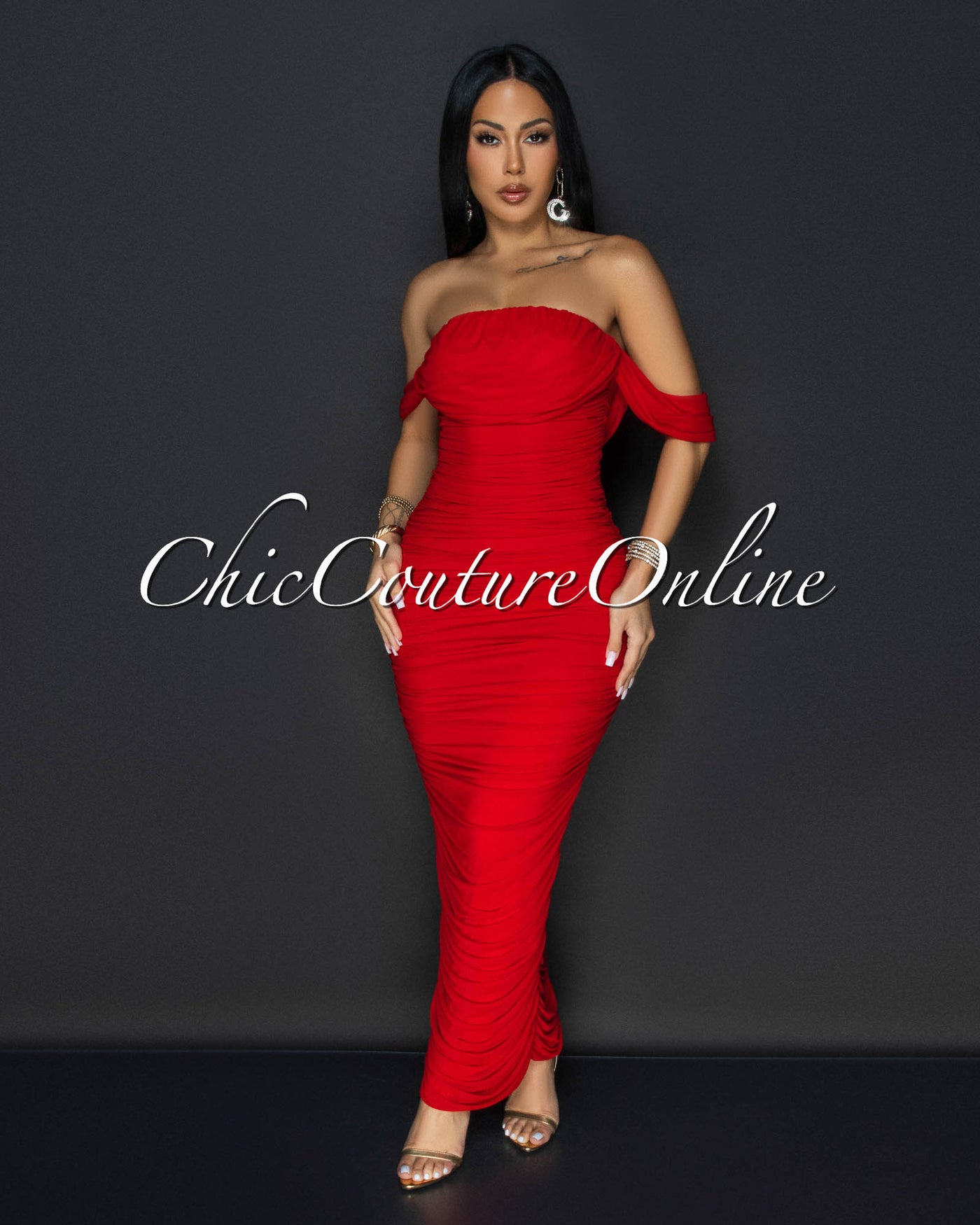 Vella Red Mesh Overlay Ruched Off-The Shoulder Dress