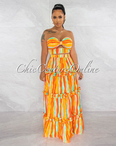 *Ruhl Orange Print Crop Top & Ruffle Maxi Skirt Set