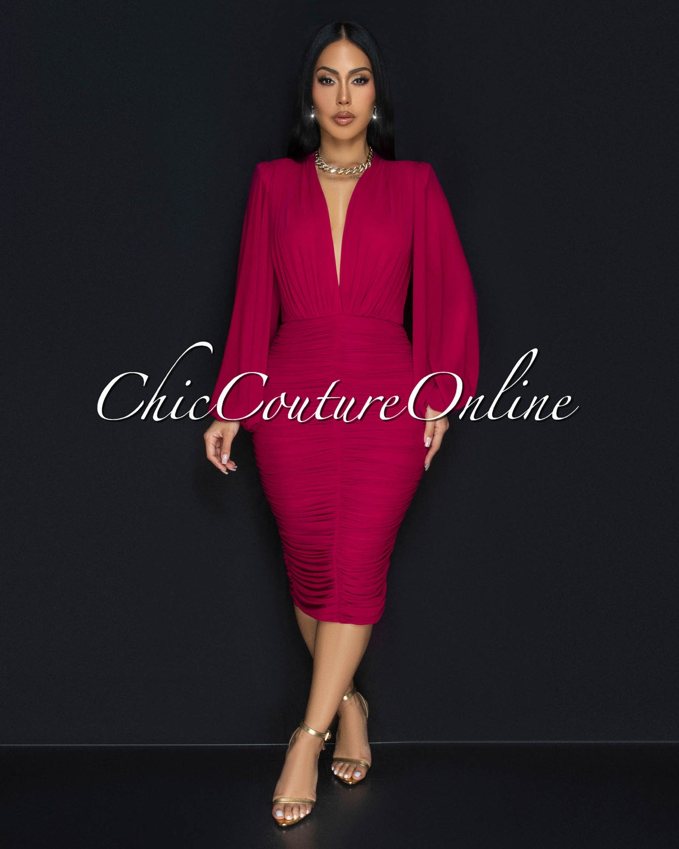 Vanica Magenta Mesh Overlay Plunging V-Neck Midi Dress